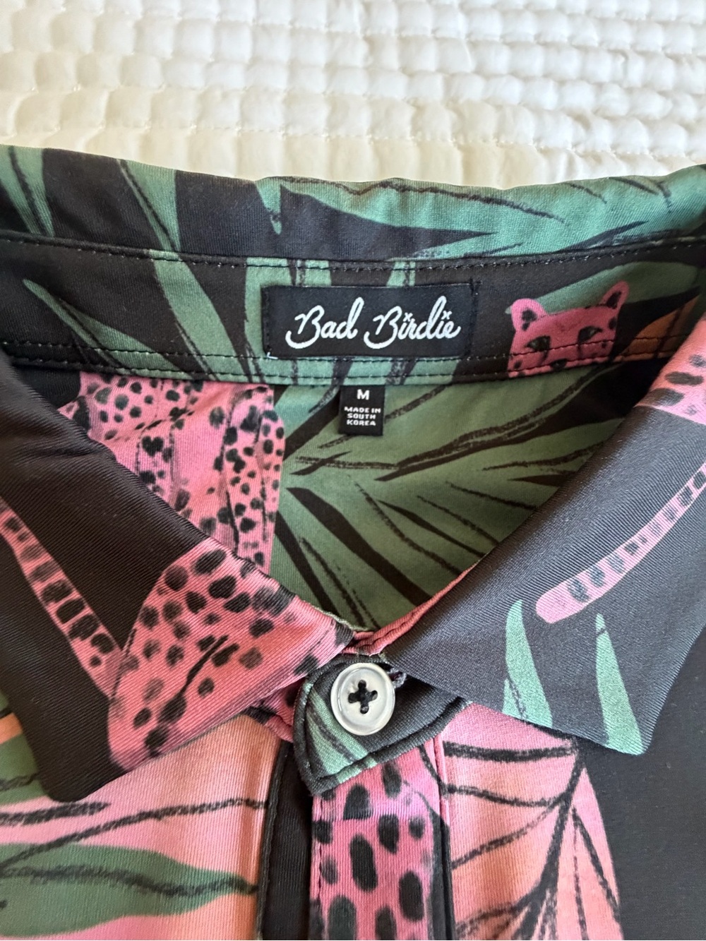 Bad Birdie Men’s Black Polo with Pink Leopard Print - Picture 3 of 5